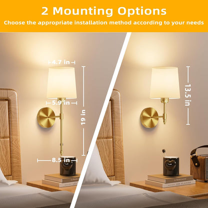 Ouyulong Battery Operated Wall Sconces Set of 2, Wireless Rechargeable Dimmable Wall Light with RGB Bulb and Remote for Bedroom, Living Room, Hallway (Gold)