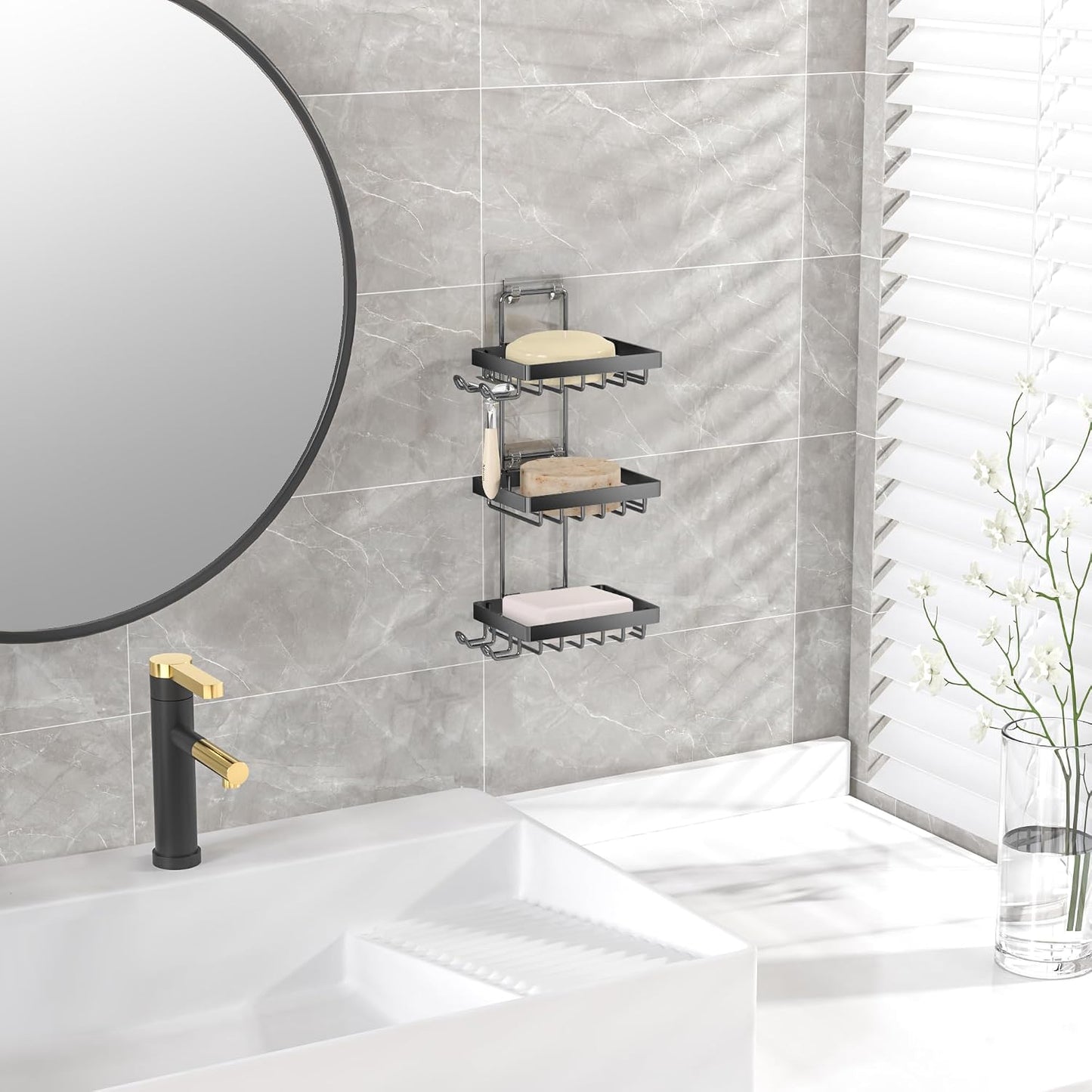 Moforoco Double Soap Bar Holder for Shower, No Drilling, 304 Stainless Steel, Wall Mounted Soap Holder with 4 Hooks and Razor Holder, Shower Rack Soap Tray Bar Soap for Bathroom Accessories Organizer