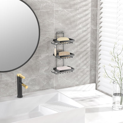 Moforoco Double Soap Bar Holder for Shower, No Drilling, 304 Stainless Steel, Wall Mounted Soap Holder with 4 Hooks and Razor Holder, Shower Rack Soap Tray Bar Soap for Bathroom Accessories Organizer