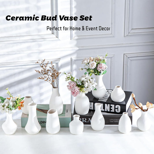 White Ceramic Bud Vase Set of 5, Mini Vases for Flowers, Decorative Small Vases for Home Decor, Boho Wedding Centerpieces, Living Room, Dining Table & Shelf Decor