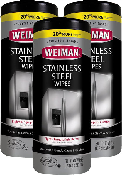 Weiman Stainless Steel Cleaner, 30 Count Wipes, Anti-Fingerprint, Removes Grease, Water Spots, Streaks & Residue, Polishing Cleaner Safe for Appliances, Chrome, Sinks & Grill Exteriors