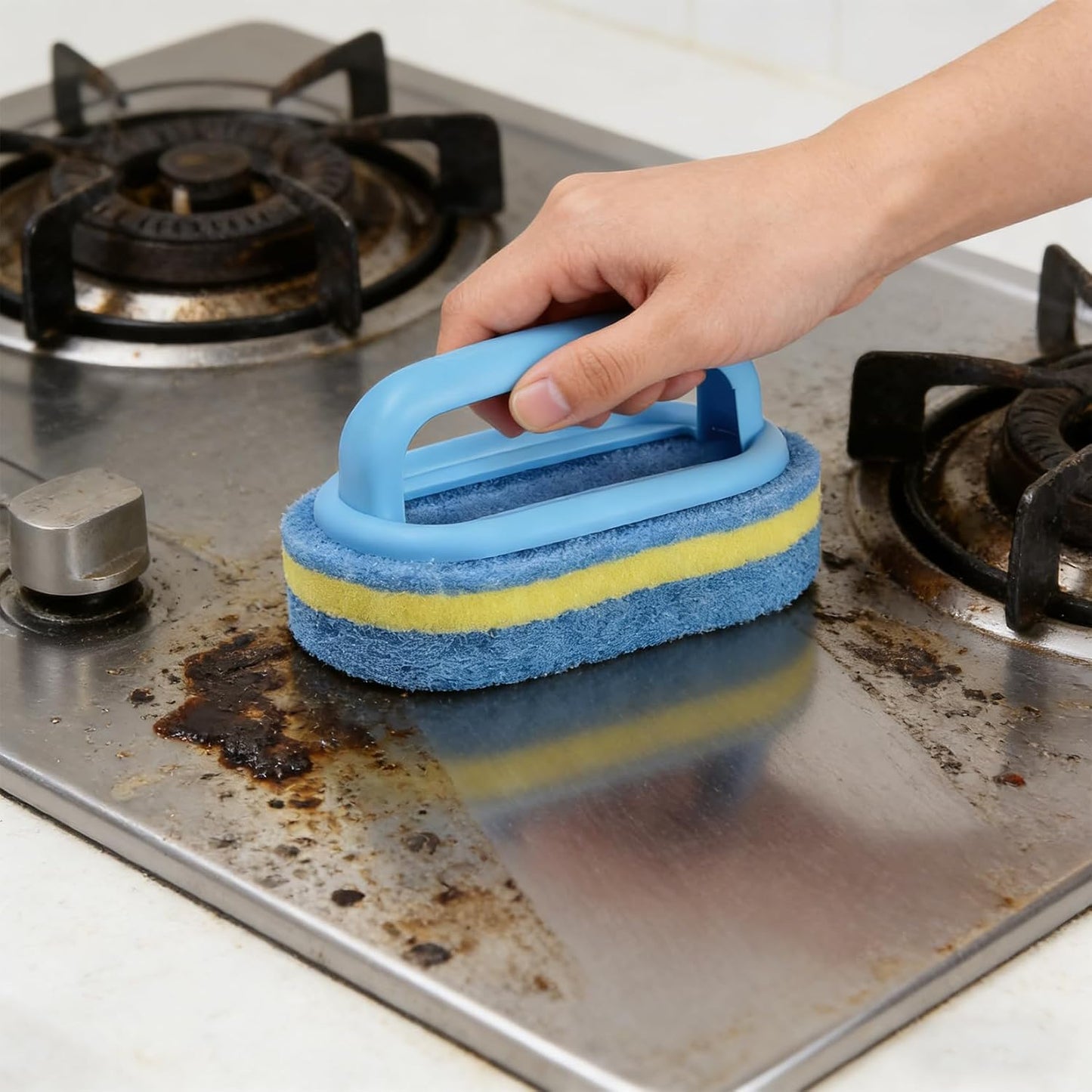 Shower Scrubber with Handle - Bathroom Cleaning Sponge Brush for Bathtub, Tile, Toilet & Kitchen Sink - Heavy Duty Scrub Pad, Ergonomic Grip, Blue (1 Pack)