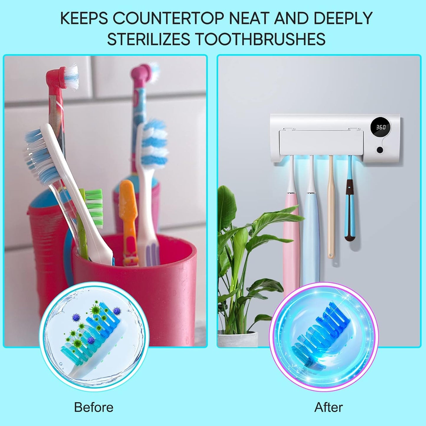 StarWin UV Toothbrush Holder for Bathroom, Timer Function, Rechargeable & Cordless Tooth Brush Cleaner Wall-Mounted, No Drilling, 4 Slots