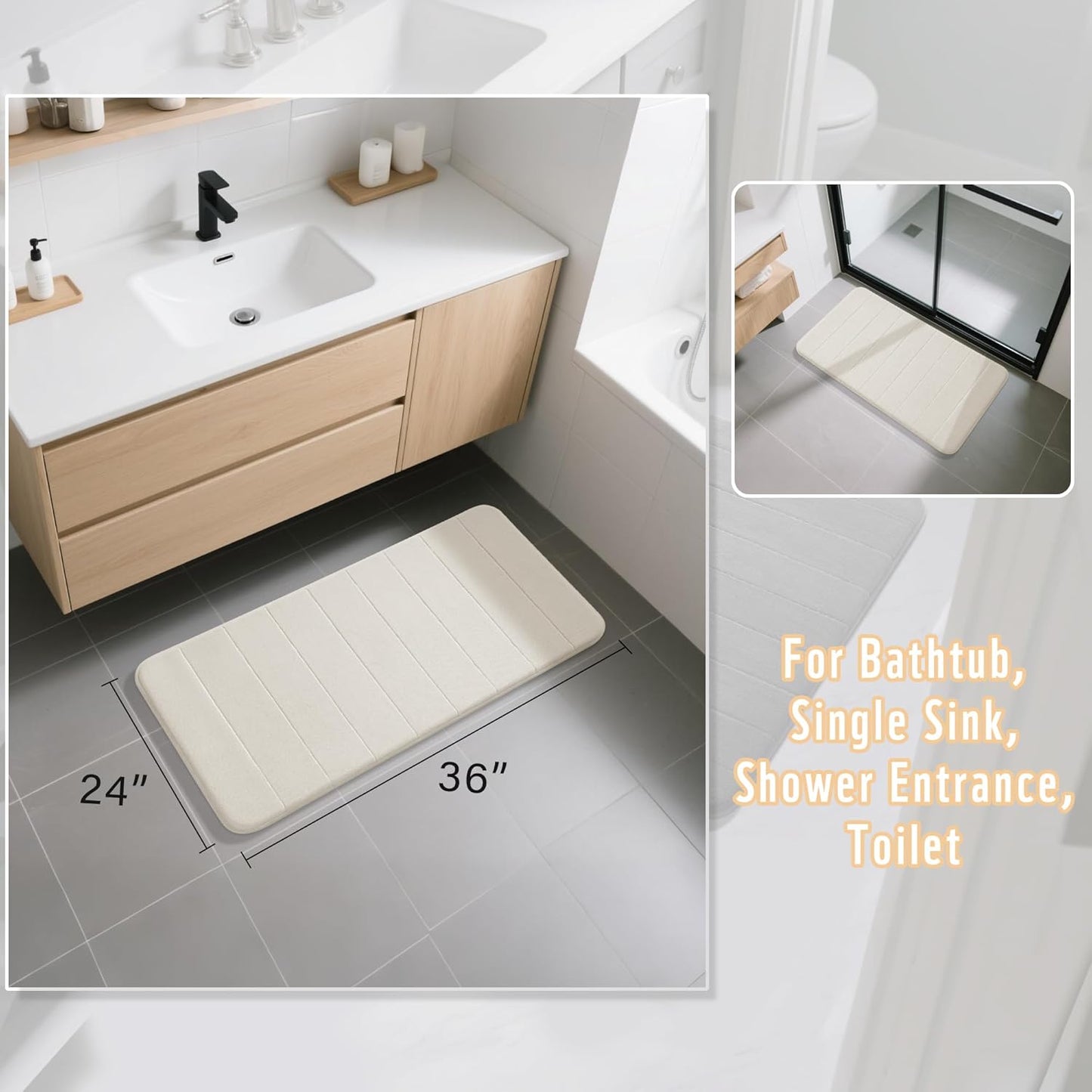 Yimobra Memory Foam Bath Mat, Super Soft Absorbent Bathroom Rug Non Slip, Quick Dry, Machine Washable Floor Carpet for Tub Shower, Home Decor Accessories, 24x17, Grey