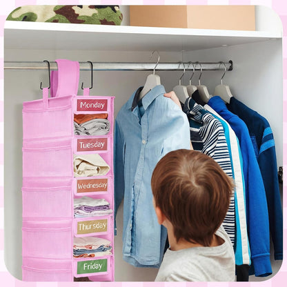 2 Pack 7 Shelf Weekly Clothes Organizer Hanging Closet for Kids with Side Pockets Weekday Shoes Rack Weekly Clothes Organizers Monday Through Weekend Foldable Storage Shelves(Black)