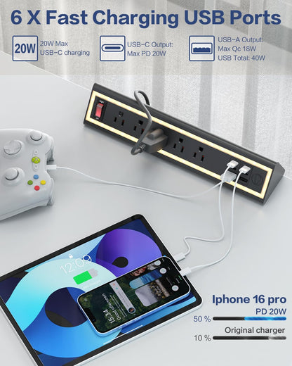 Desk Clamp Power Strip with Nightlight, 40W Fast Charging, 10FT Extension Cord, 4x20W USB-C & 2 USB Ports, 5 AC Outlets, Fits 1.69-Inch Table Edges