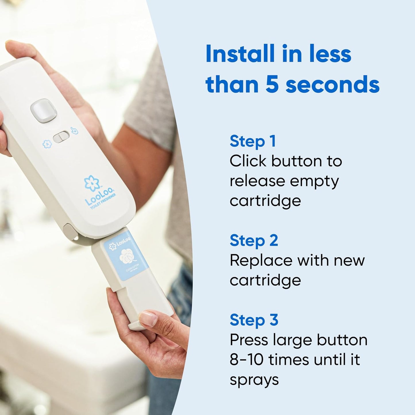 Loo Loo Touch Free Toilet Freshener Refills, Natural Essential Oils – Toilet Smell Eliminator, Bathroom Deodorizer, Air Freshener Spray for Bathroom, Clean Cotton Fragrance, 2.0 Fl Oz