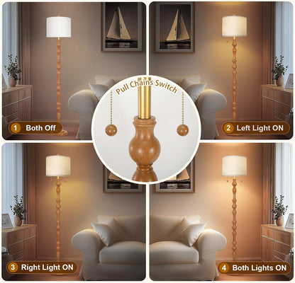 Scenekoy 65.5” Natural Real Wood Floor Lamp for Living Room Bedroom, Dual S Cluster Socket, Pull Chains Switch, Farmhouse Tall Standing Lamp with Linen Shade for Home Room Decor (Bulbs Included)