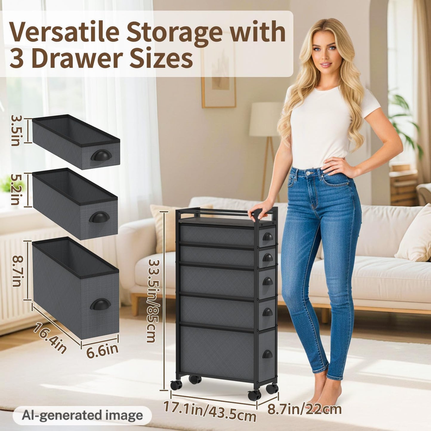 LASZOLA 5 Drawer Narrow Dresser Slim Cabinet Skinny Storage Tower Chest, Ideal for Small Spaces Bathroom, Between Washer and Dryer, Lightweight Mobile on Wheels, Sturdy Fabric Drawers, Black