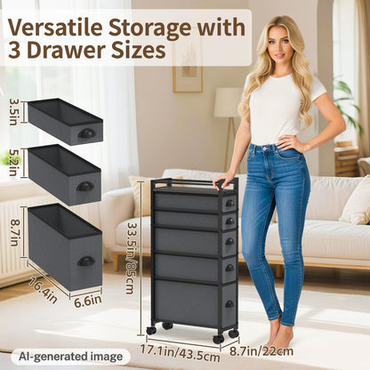 LASZOLA 5 Drawer Narrow Dresser Slim Cabinet Skinny Storage Tower Chest, Ideal for Small Spaces Bathroom, Between Washer and Dryer, Lightweight Mobile on Wheels, Sturdy Fabric Drawers, Black
