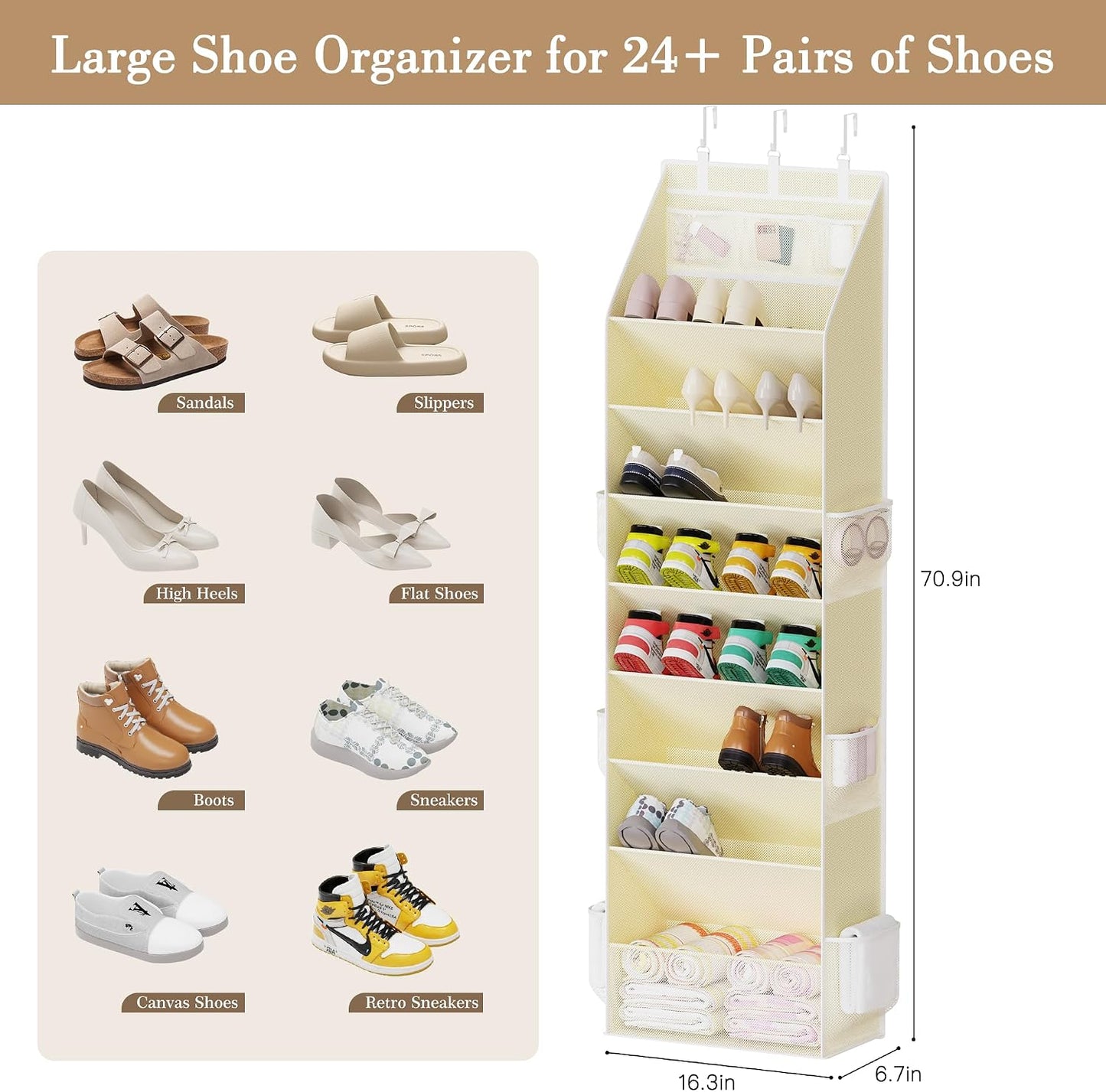 Criusia Shoe Organizer, Over the Door Shoe Organizer, Hanging Closet Shoe Storage with Large Deep Pockets, Fits 16–24 Pairs of Sneakers, Sandals, Boots, Gray