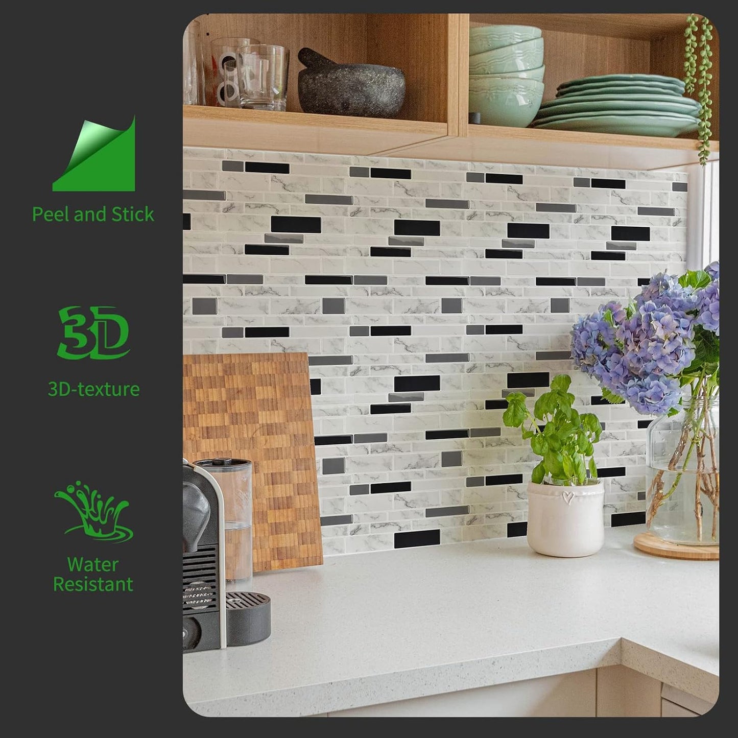 LONGKING Marble Peel and Stick Backsplash for Kitchen, 3D Adhesive Tile Backsplash for Kitchen, Bathroom, Wall Tile, 10 Sheets, 12" x 12"