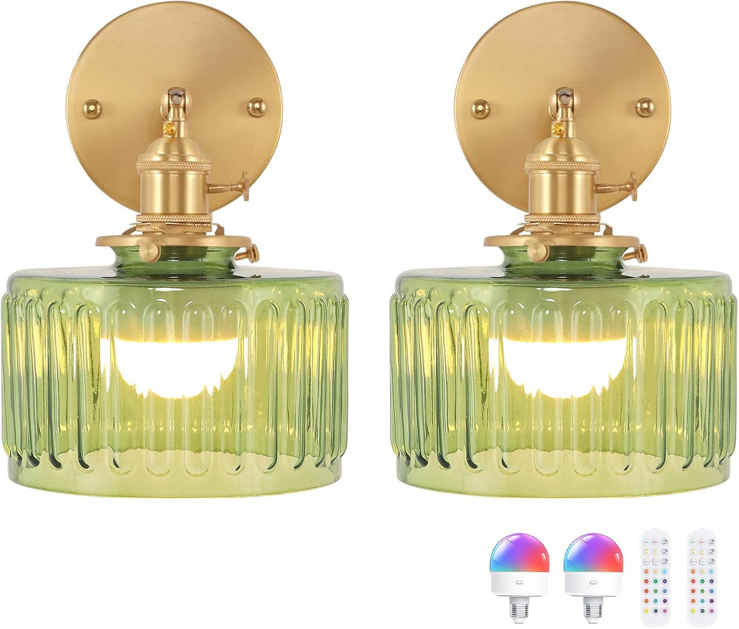 Shenmoyl Vintage Battery Operated Wall Sconce with Clear Striped Glass Lampshade 5000 mAh Rechargeable Battery Powered Wall Light with Remote Control for Bedside Bedroom Doorway, Set of 2