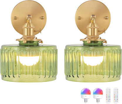 Shenmoyl Vintage Battery Operated Wall Sconce with Clear Striped Glass Lampshade 5000 mAh Rechargeable Battery Powered Wall Light with Remote Control for Bedside Bedroom Doorway, Set of 2