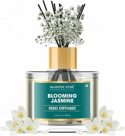 Majestic Pure Blooming Jasmine Reed Diffuser for Home, Bathroom & Office | Natural Aromatherapy Air Freshener & Room Fragrance, with Reed Sticks & Dried Flowers 3.4 fl oz