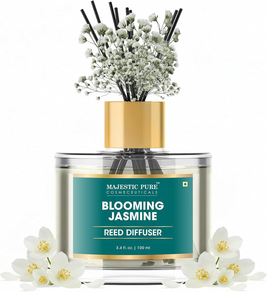 Majestic Pure Blooming Jasmine Reed Diffuser for Home, Bathroom & Office | Natural Aromatherapy Air Freshener & Room Fragrance, with Reed Sticks & Dried Flowers 3.4 fl oz
