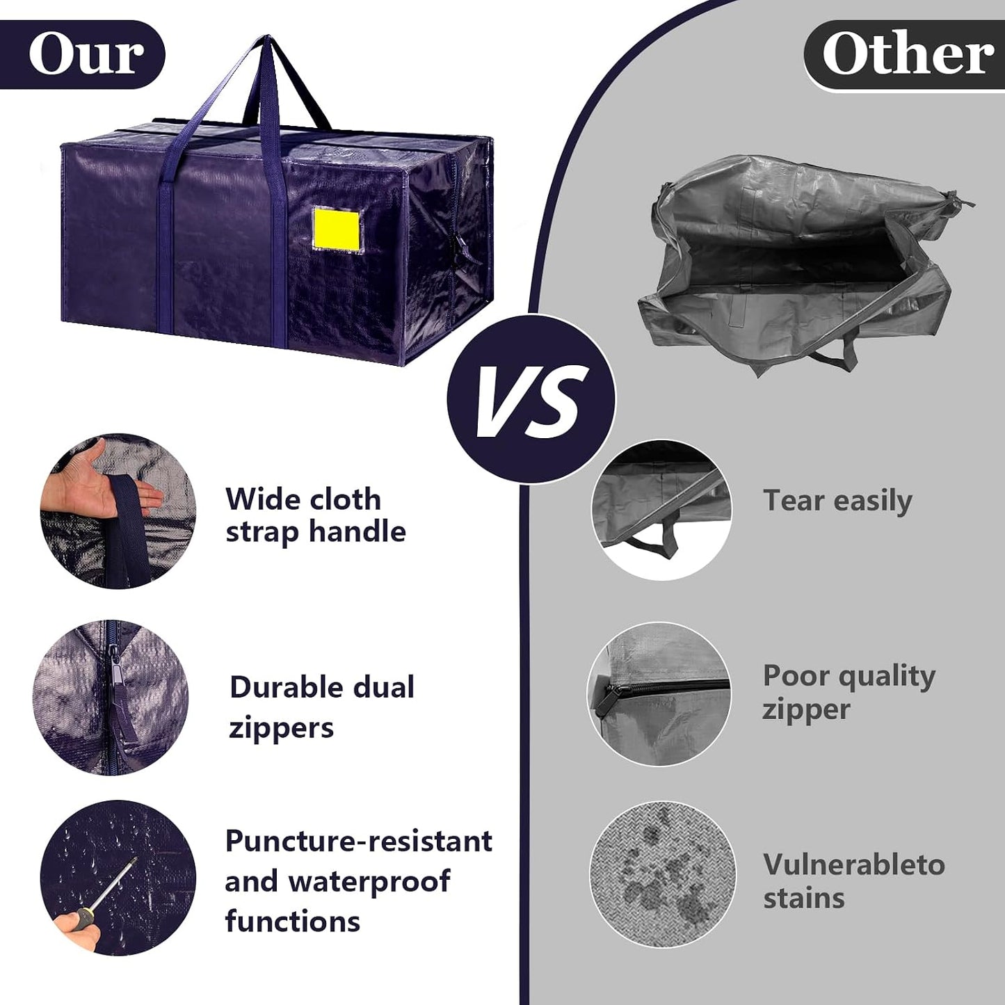 6 Pack Moving Bags Heavy Duty 210GSM with Full-Open Side Zipper, 93L 220lbs Waterproof Foldable Storage Totes for College Dorm Move-In, Moving Boxes Alternative & Home Organization, Blue