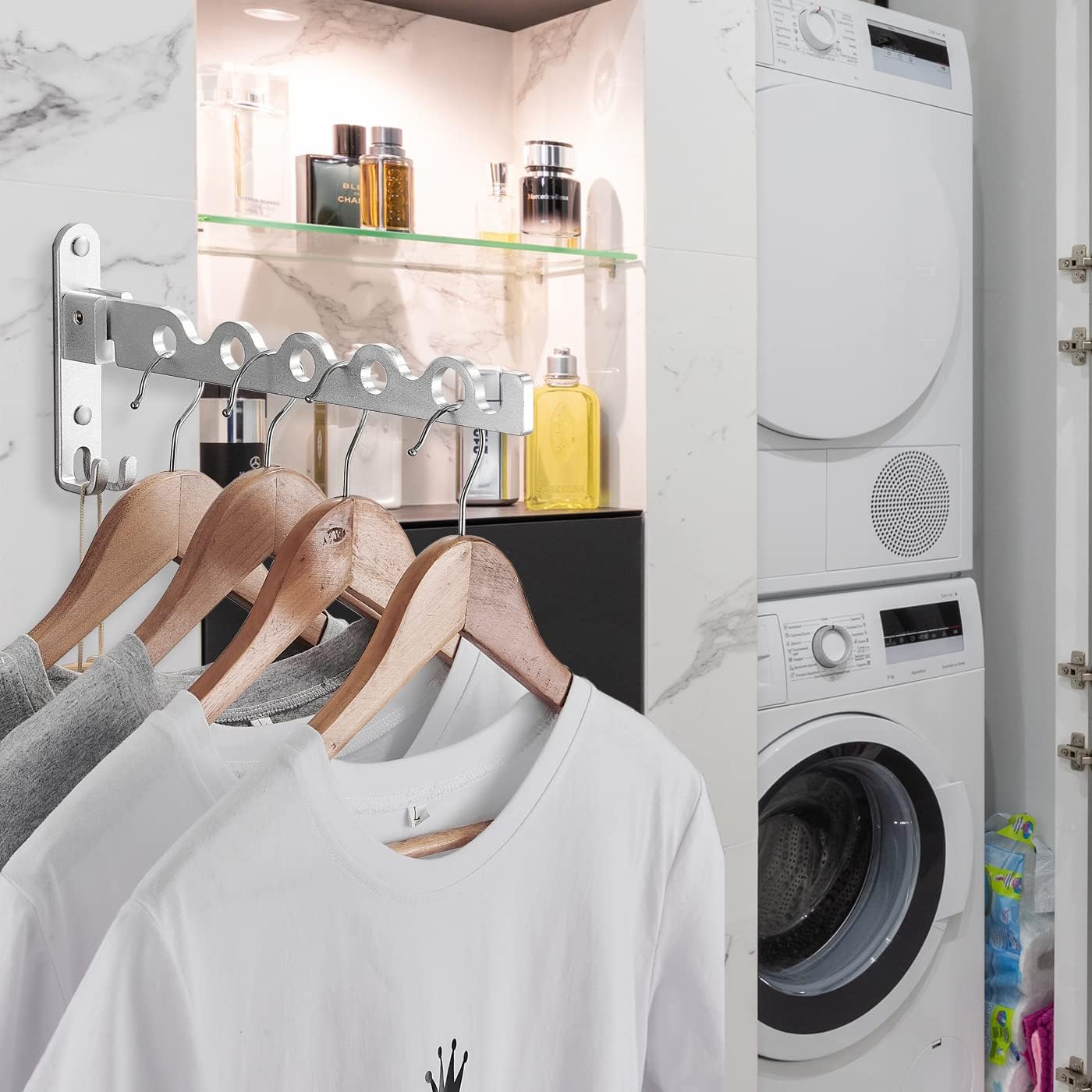 Clothes Drying Rack Wall Mounted Drying Racks for Laundry Room Organization and Storage Clothes Rack，Aluminum Dryer Rack with Two Drying Rods for Hanging Wet and Dry Clothes