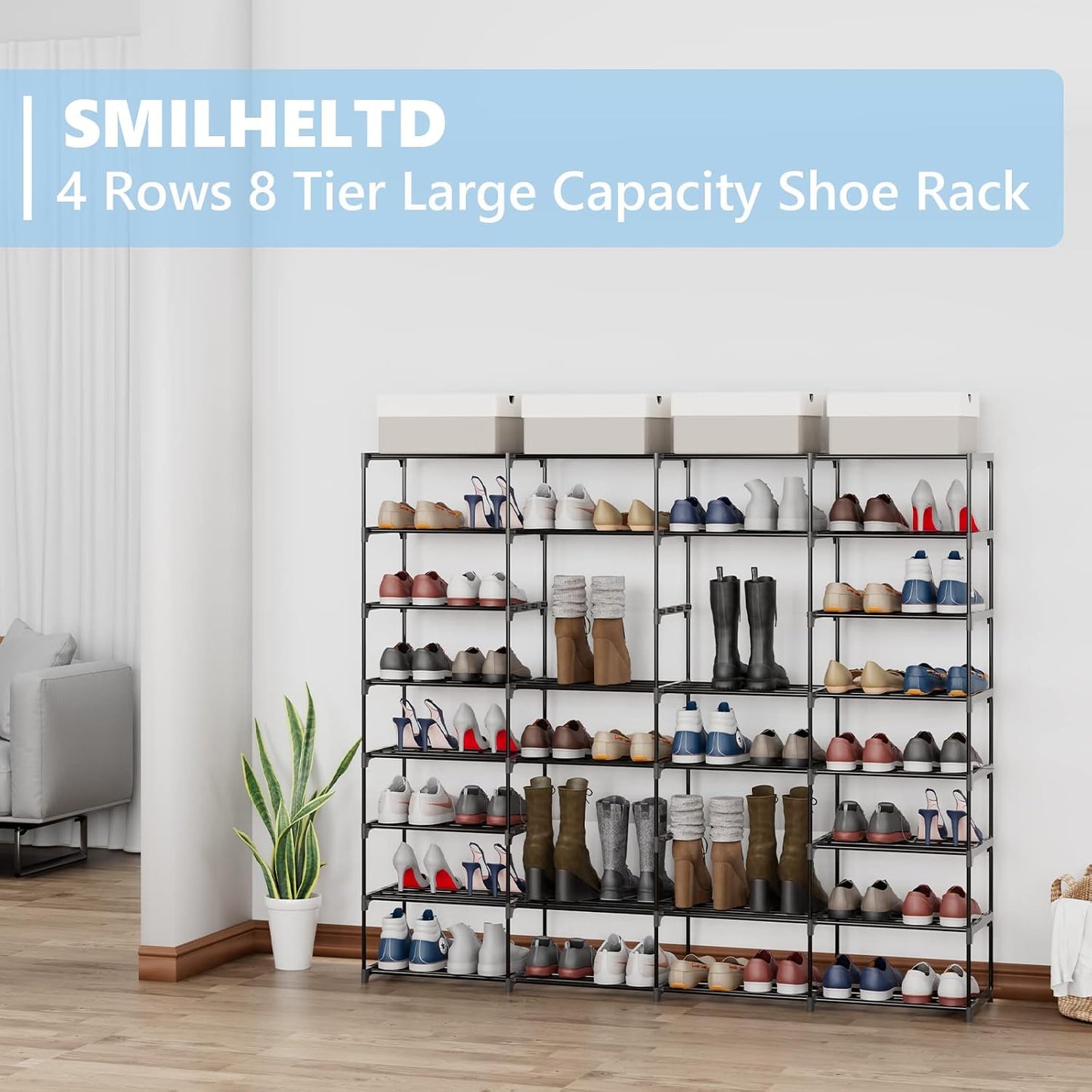 SMILHELTD Large Shoe Rack 4 Row 8 Tier for Entryway Holds 64 Pairs, Metal & Plastic Sneaker Shelves, DIY Assembly, Space Saving Storage Organizer for Garage Closet, 66.1" W x 49.2" H
