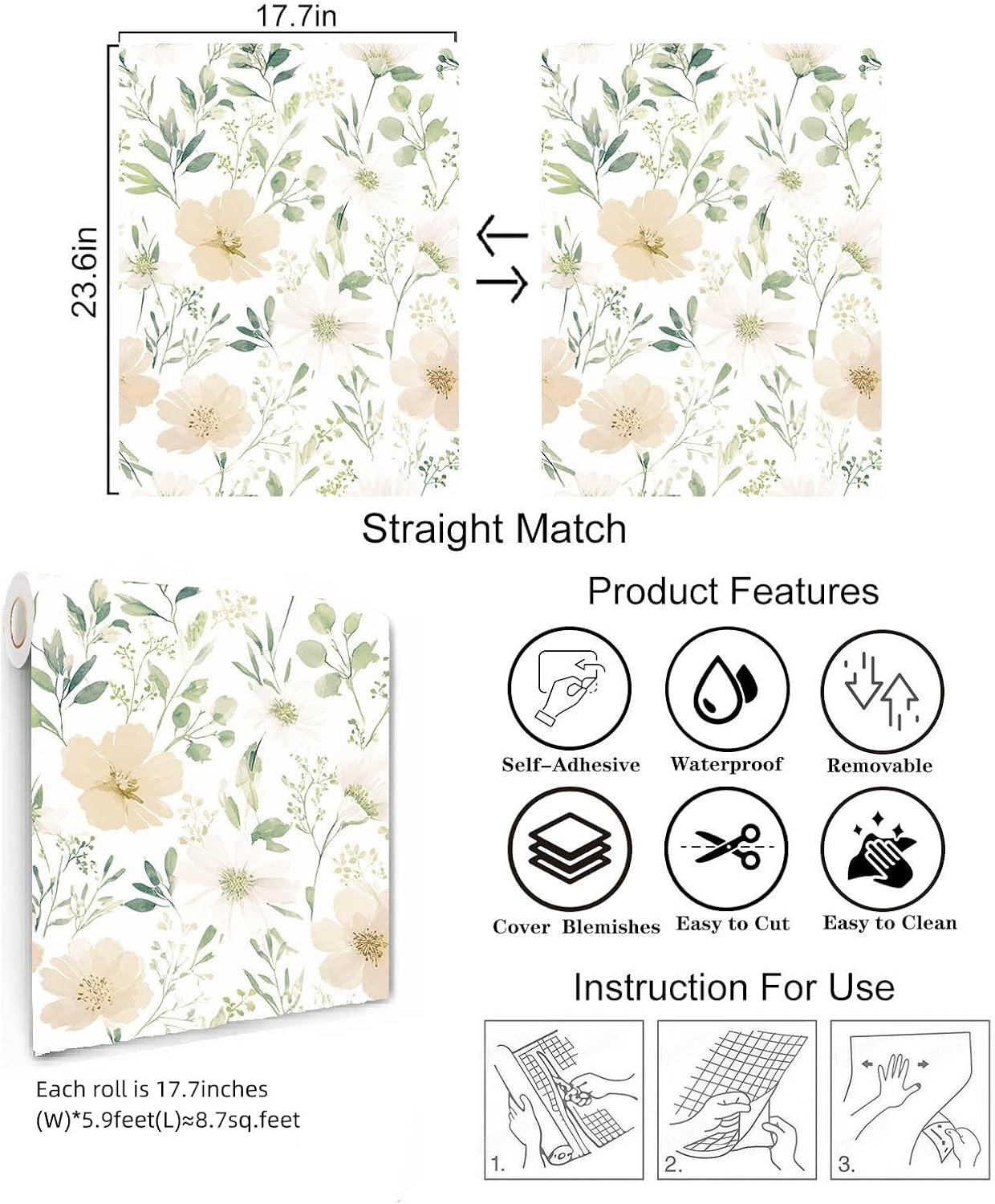 Sage Green Floral Peel and Stick Wallpaper Self Adhesive Removable Modern for Bedroom Accent Wall Renter Friendly Thick Watercolor Natural Flower Wallpaper 17.7" x 118"
