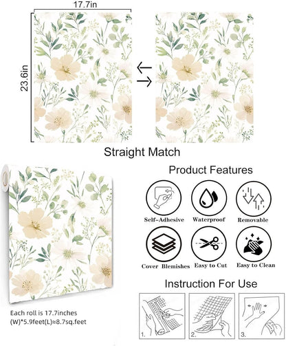 Sage Green Floral Peel and Stick Wallpaper Self Adhesive Removable Modern for Bedroom Accent Wall Renter Friendly Thick Watercolor Natural Flower Wallpaper 17.7" x 118"