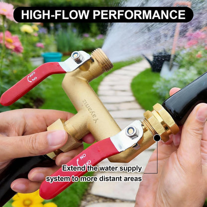 Garden Hose Splitter, 3/4” Rust and Freeze Resistant Outdoor Hose Manifold with 2 Green Extra Long Handles Faucet Adapter-Heavy Duty Brass 2-Way Valve