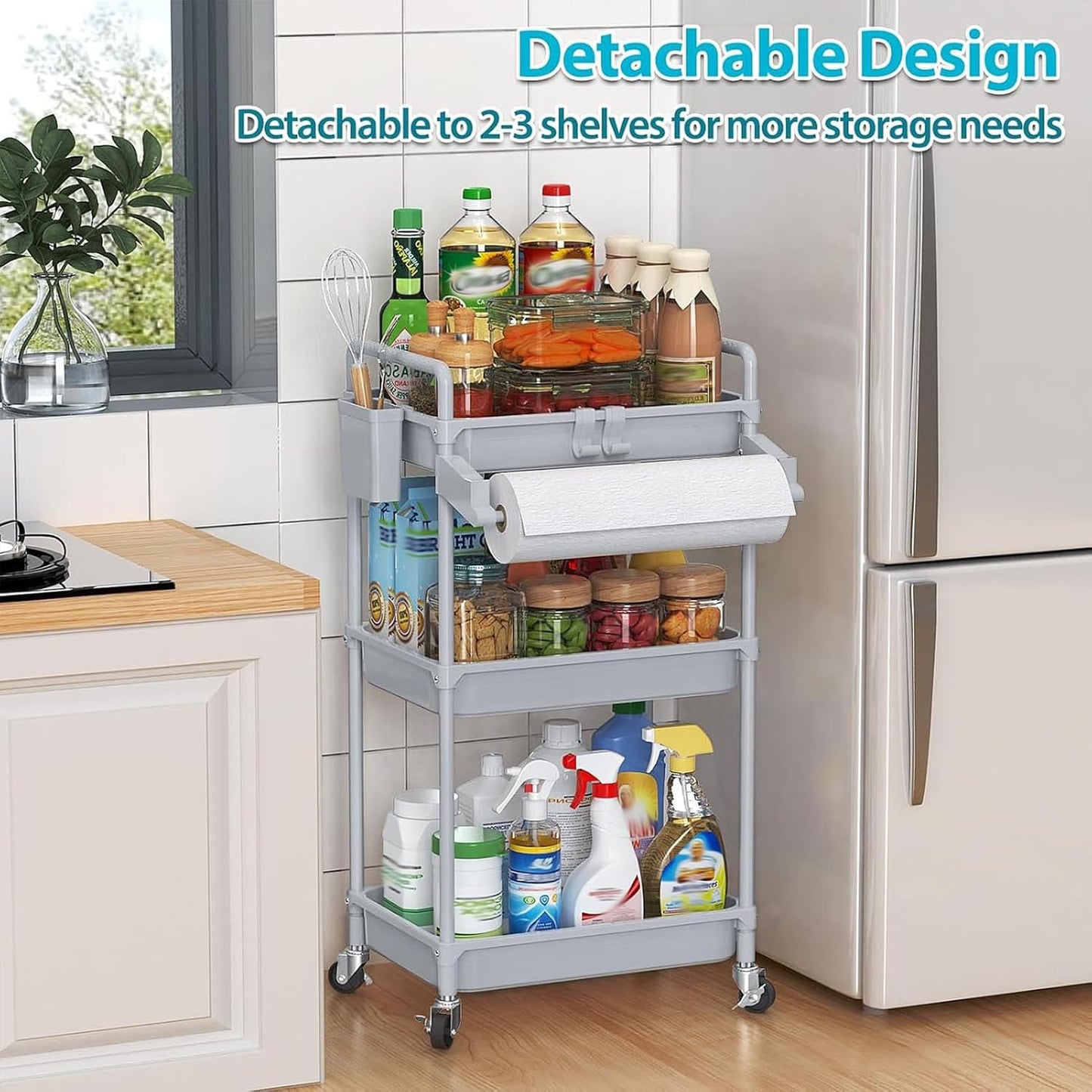 SPACEKEEPER Rolling Storage Cart, 4-Tier Bathroom Organizer Utility Cart Laundry Room Organization Mobile Shelving Unit with Towel Rack, Lockable Wheel, Hooks & Cup for Kitchen Bedroom Office, White