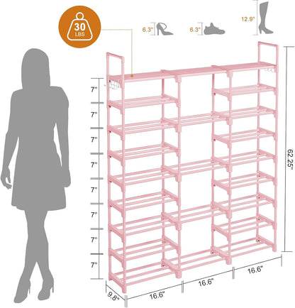 WOWLIVE 9 Tiers Large Shoe Rack Storage Organizer for Closet 50-55 Pairs Shoe Tower Unit Shelf Stackable Shoe Rack with Metal Pipes Plastic Connectors Black(SSS3B9)