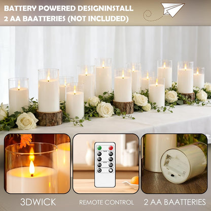 kakoya Flickering Flameless Candles Battery Operated with Remote and 2/4/6/8 H Timer Plexiglass Led Pillar Candles Pack of 9(D2.3 xH5.5 6.5" 7.5") with Realistic 3D Wick Candles for Home Decor(Ivory)