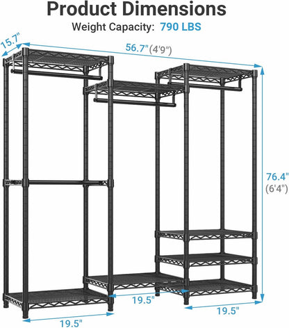 VIPEK V5 Heavy Duty Clothes Rack, Portable Closet Wardrobe with 4 Hanging Rods & 8 Shelves, Freestanding Adjustable Garment Rack for Bedroom, Walk-in Closet, 890 lbs Capacity, Black, 68.9" L