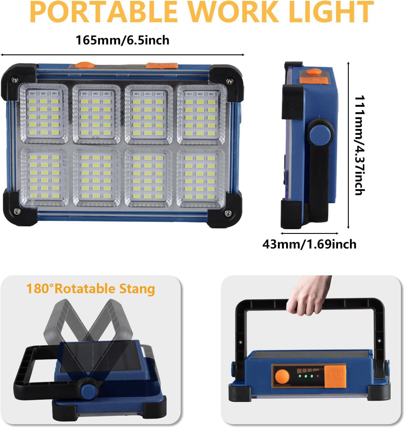 120W Solar Rechargeable Work Light, 144 LED 10000LM Portable Flood Light with Stand, IP66 Waterproof 4 Modes LED Job Site Lighting Flashlights for Mechanic Camping Fishing Car Repair