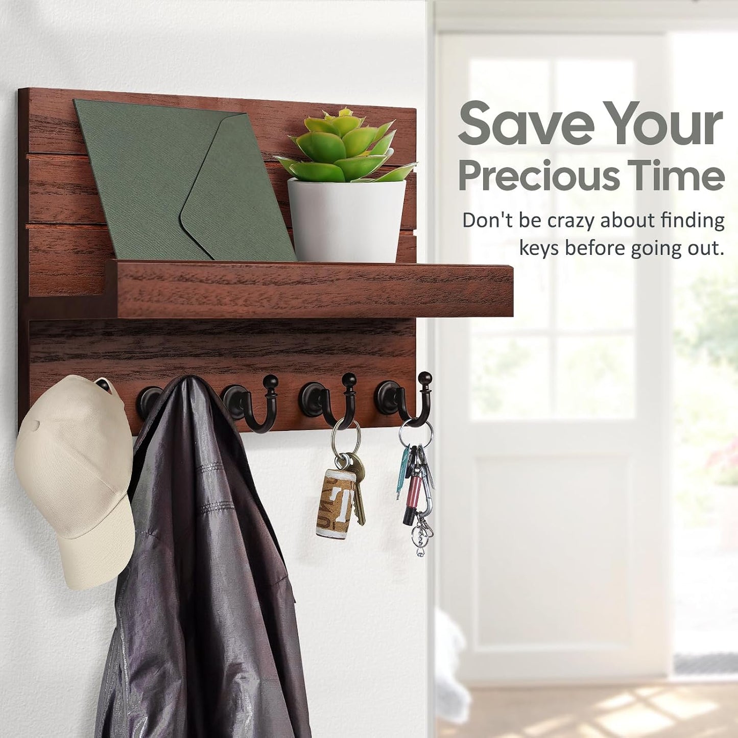 HONJIN Key Holder for Wall: Easy Installation Mail Organizer Wall Mount Hanging Key Rack for Kitchen and Entryway Decor with 5 Sturdy Key Hooks (White)