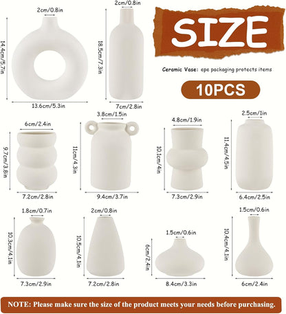 Small White Ceramic Vase Set of 10 Ceramic Bud Vases in Bulk Modern Farmhouse Boho VaseS for Pampas Grass, Flowers, Decorative Ceramic White Flower Vases for Home Decor, Entryway Table Decor