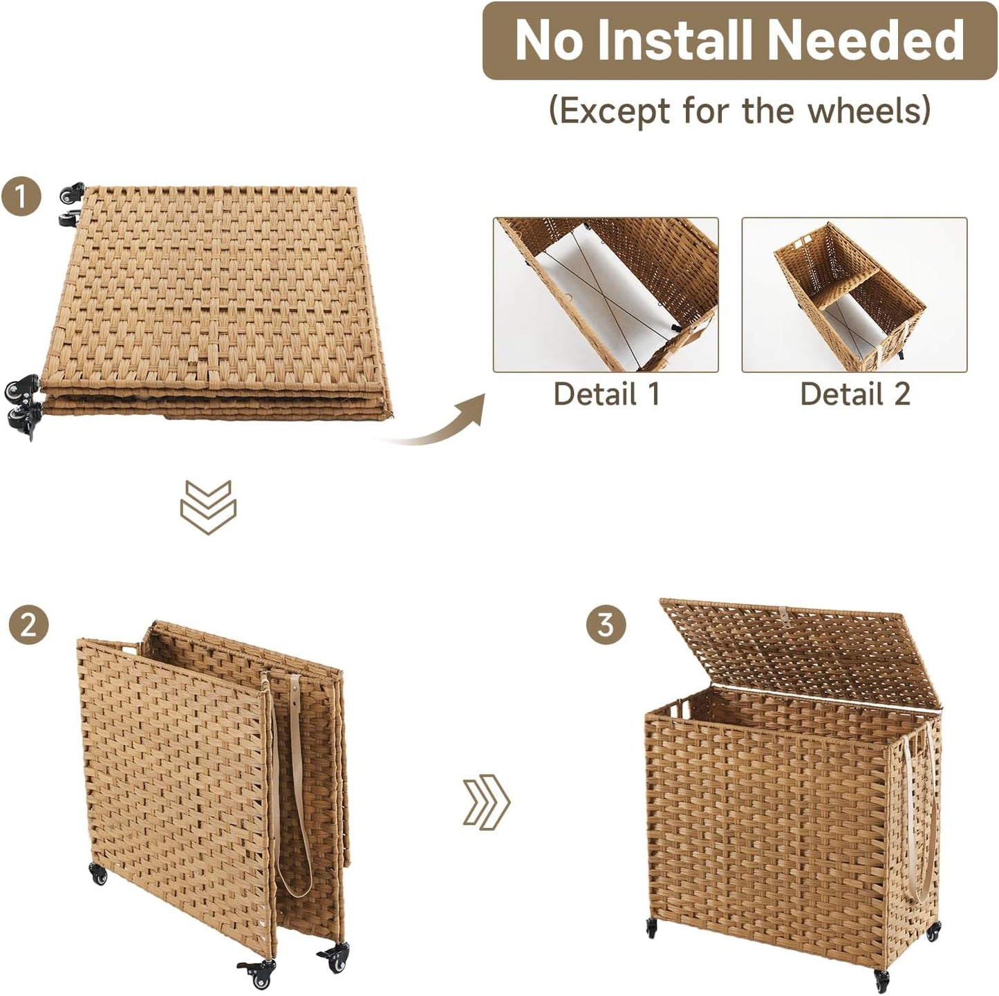 Laundry Hamper with Wheels, 34.3 Gallon(130L) Rolling Laundry Basket with Lid, 3-Section Rattan Clothes Hamper with 3 Removable Liner & 3 Mesh Bags, Laundry Sorter with Side Pocket, Brown