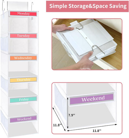 Fixwal 6-Shelf Weekly Clothes Organizer for Kids, Kids Daily Shelf Hanging Closet Organizer with 6 Side Pockets, Days of The Week Hanging Storage Shelves (Pink)