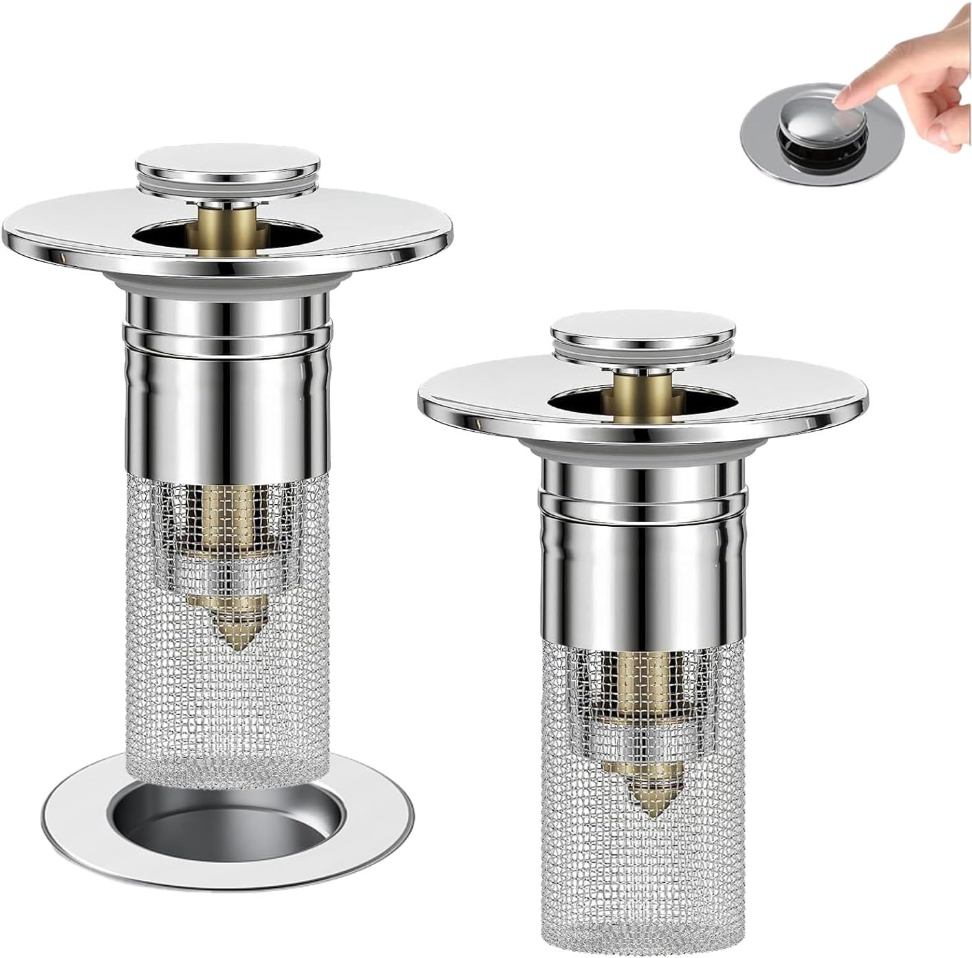 2PCS Bathroom Sink Drain Strainer, Pop-up Stopper Hair Catcher with Stainless Steel Filter Basket, Universal Replacement Drain Plug for Bathroom Sinks