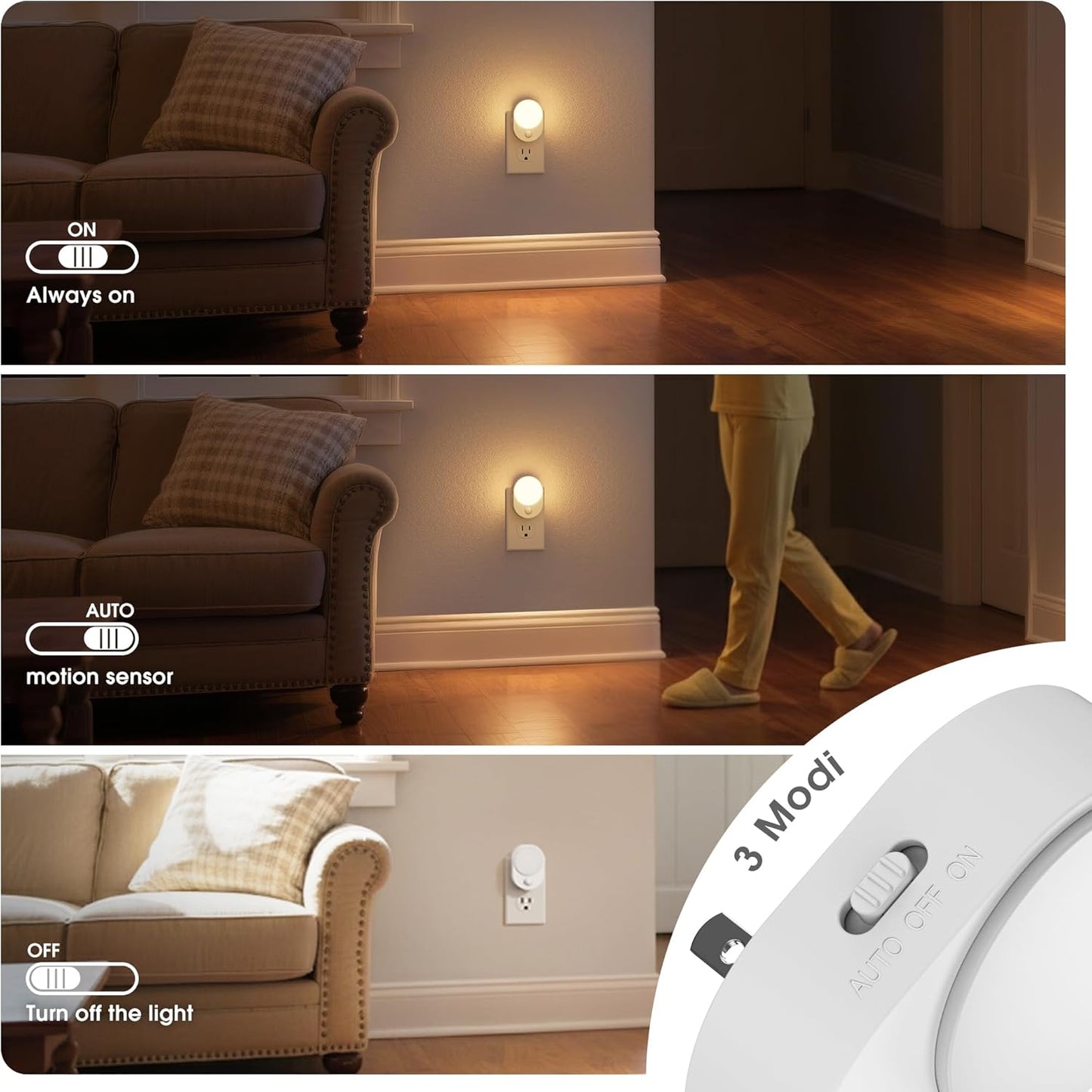 JandCase Motion Sensor Night Light, 2 Pack Motion Activated Night-Lights, 3000K Warm White LED Night Lights Plug into Wall, 30/60LM Adjustable Brightness, for Kids Adults Bathroom Bedroom