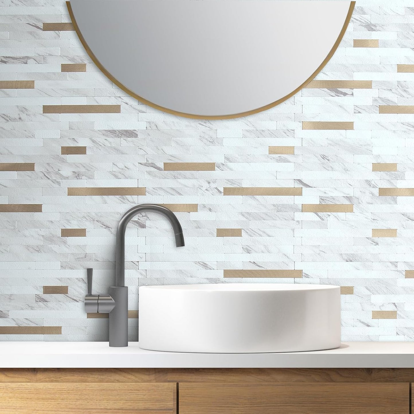 AULIGET 20 Sheets Peel and Stick Backsplash, Black & Grey Wood Look PVC Mixed Metal Stick on Backsplash Tiles for Kitchen
