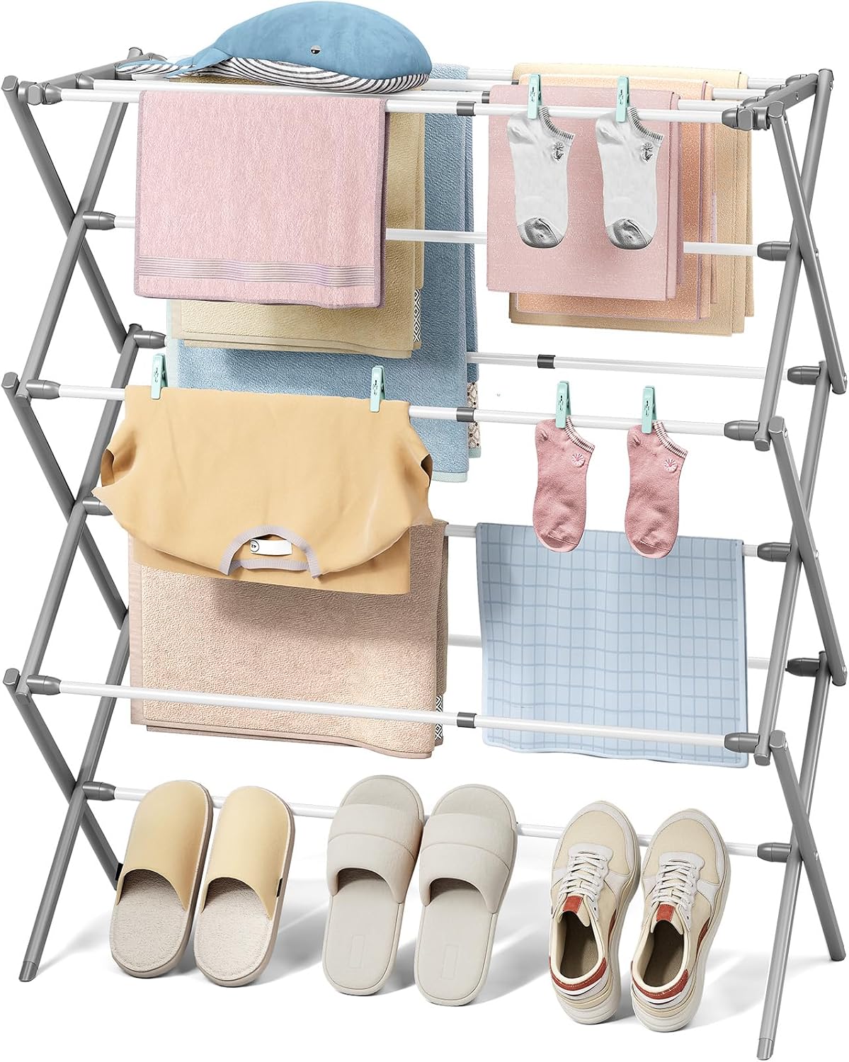 KINGBOARD Clothes Drying Rack, Collapsible Drying Rack Clothing with 11 Poles, 3-Tier Laundry Drying Rack, Small Clothes Drying Rack Foldable for Baby Clothes Sock Towel, 25lb Capacity, White