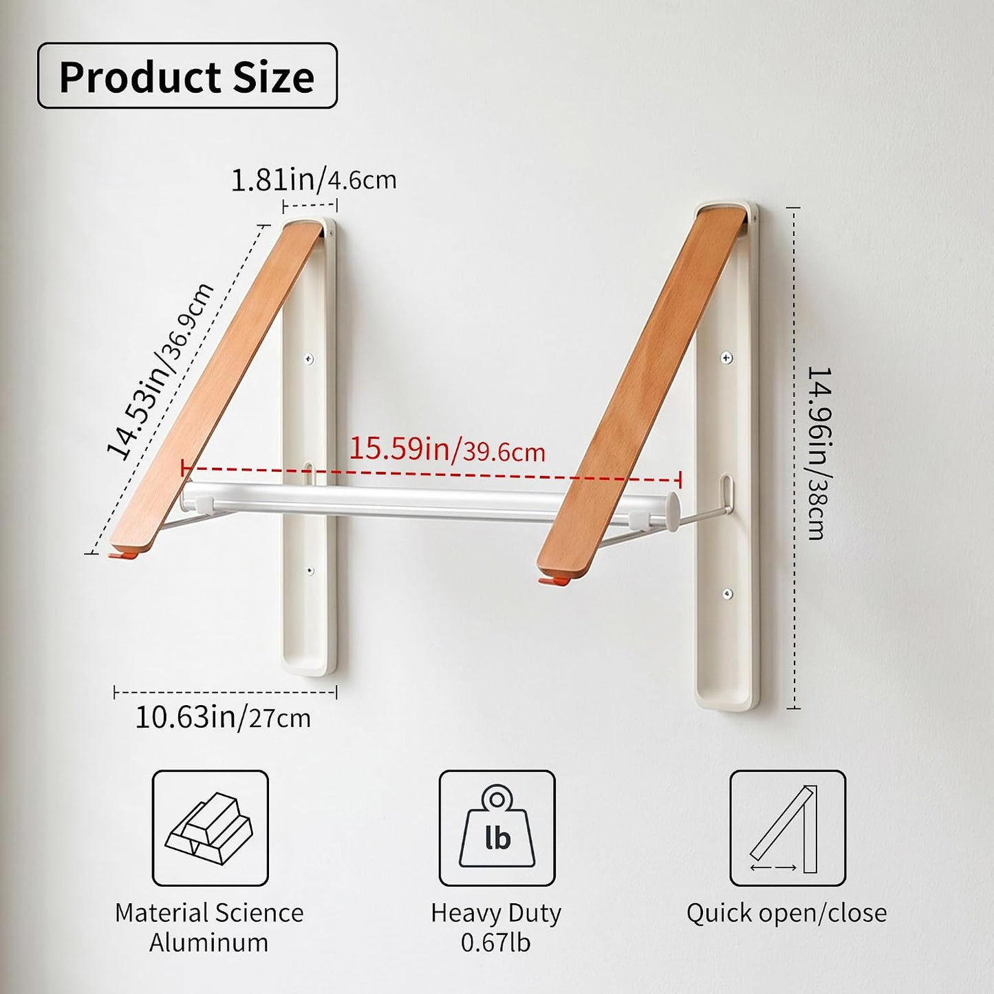 LEQ Clothes Drying Rack Wall Mounted, Foldable Laundry Drying Rack with Wood-Tone Aluminum Frame, Rustproof Retractable Clothes Hanger for Small Laundry Room, Bathroom, Balcony,White