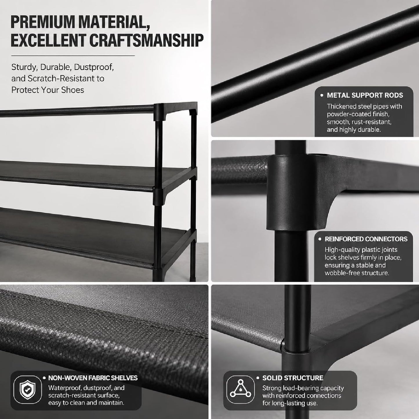Shoe Rack - 3 Tier Non-Woven Shoe Rack Shelf, Shoe Organizer for Apartments, Dormitories, Closets, Entryways, Garages and Corridors, Stackable Shoe Shelves, Black