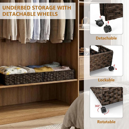 Under Bed Storage Containers with Wheels, 31.5” Large Handwoven Rattan Rolling UnderBed Storage Bins, Tool-free Assembly Natural Under The Bed Organizer Drawers for Bedroom, Sheets Clothes Blankets