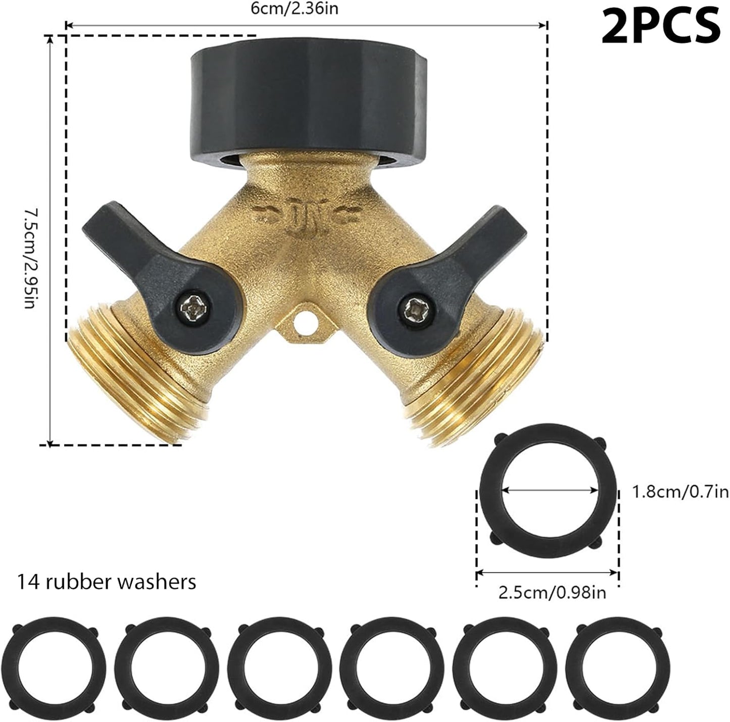 2 Pack Brass Hose Splitter 2 Way, 3/4" Heavy Duty Garden Hose Y Splitter with 14 Rubber Washers, Leak-Free Spigot Splitter with Easy-Grip TPR Valves, Faucet Splitter for Outdoor Garden Lawn Watering