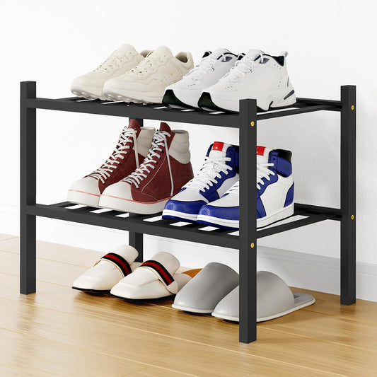Smiry Bamboo Shoe Rack, 3 Tier Free Standing Wooden Shoe Organizer, Stackable Wood Shoe Storage Shelf for Closet, Entryway, 12 Vertical Slats, 2+1 Stack Standard Legs, 26.8"x11"x19.5", Natural