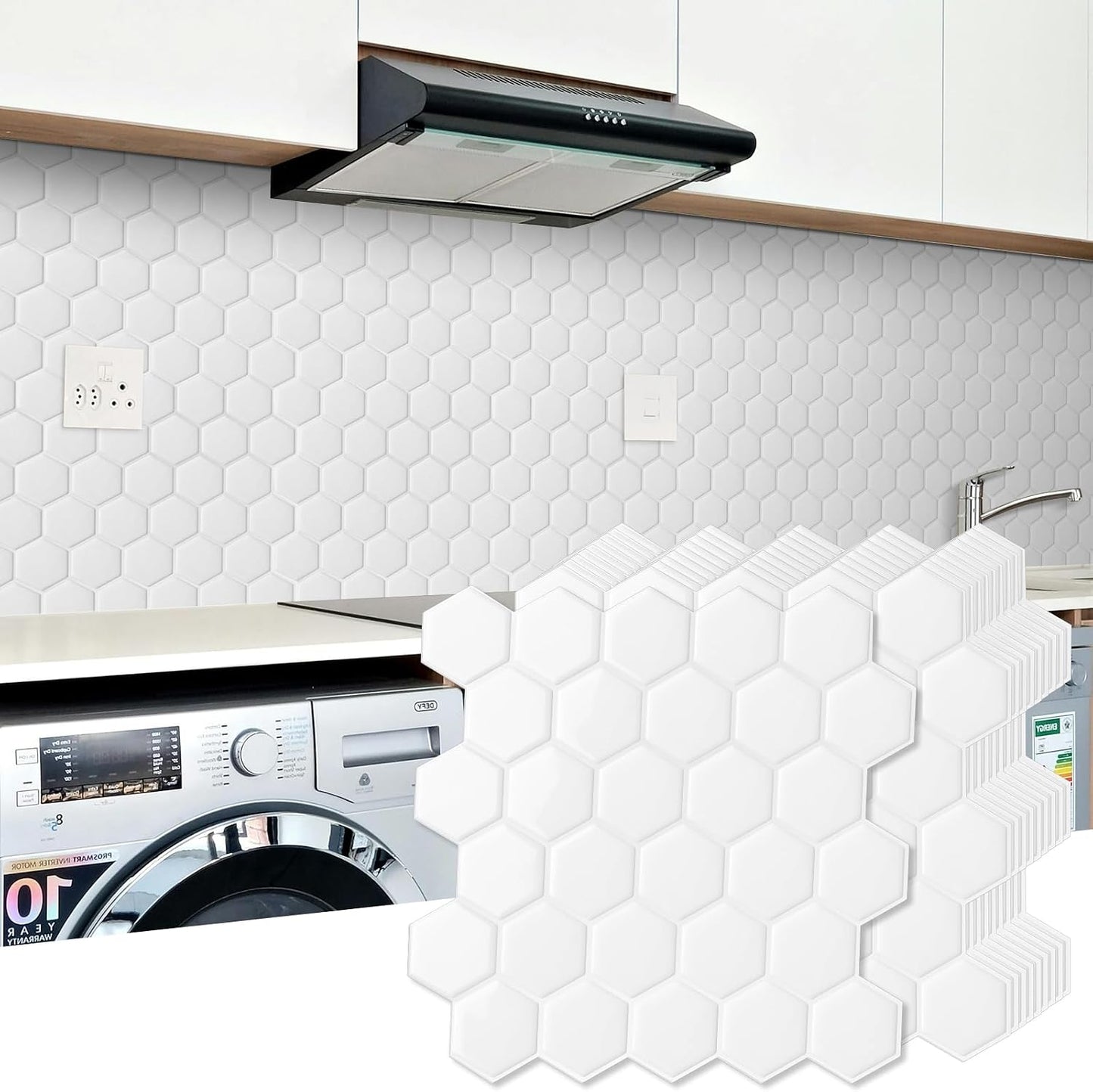 10-Sheet Hexagon Peel and Stick Backsplash for Kitchen, New Upgrade Premium Extra Thicker Design 3D Self Adhesive Wall Tiles, Large Stick on Tiles for Kitchen and Bathroom (12" x 12")