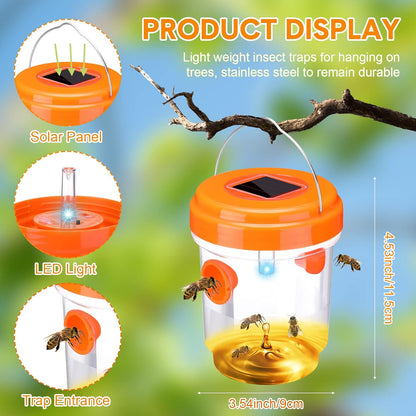 Wasp Trap Solar Powered Bee Trap Reusable Fly Traps Outdoor Hanging Wasp Killer with UV LED Light Flying Insects Bee Killer for Indoor Outside Patio Garden Home (6, Yellow)