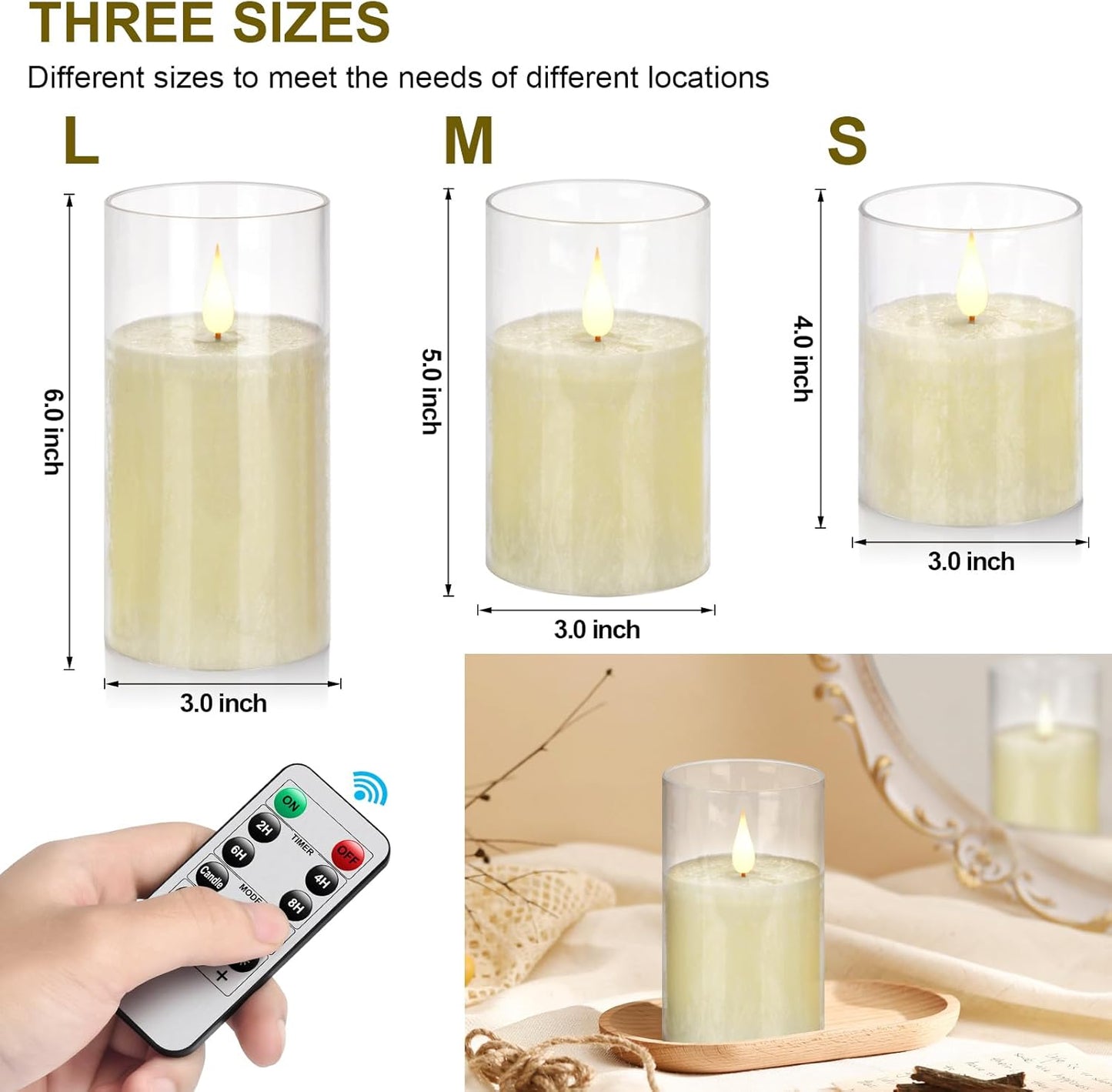 Flameless Flickering Battery Operated Candles D2.2''*H4 5" 6" 7" 8" 9" Set of 9 Ivory Real Wax Pillar LED Candles with 10-Key Remote and Cycling 24 Hours Timer (Ivory)