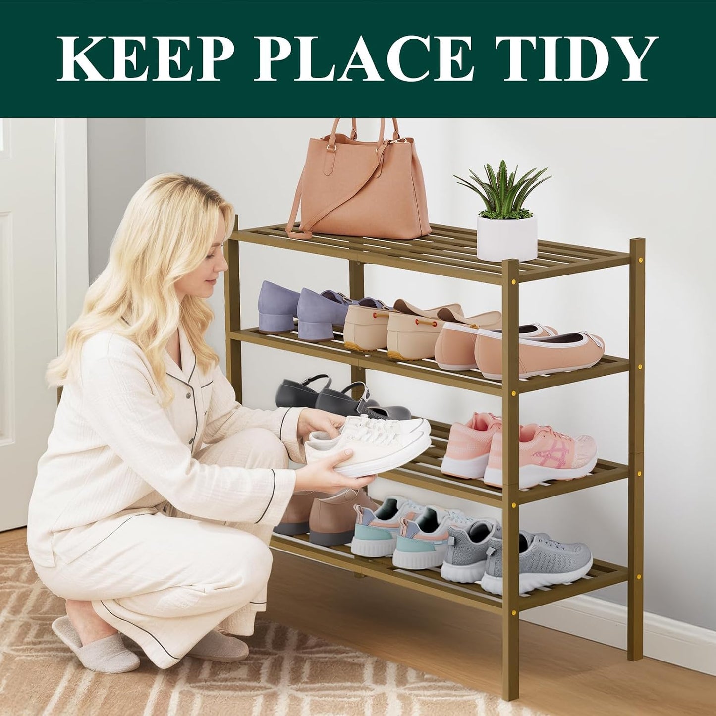 Smiry Bamboo Shoe Rack, 3 Tier Free Standing Wooden Shoe Organizer, Stackable Wood Shoe Storage Shelf for Closet, Entryway, 5 Horizontal Slats, 26.8"x11"x18.3", Natural