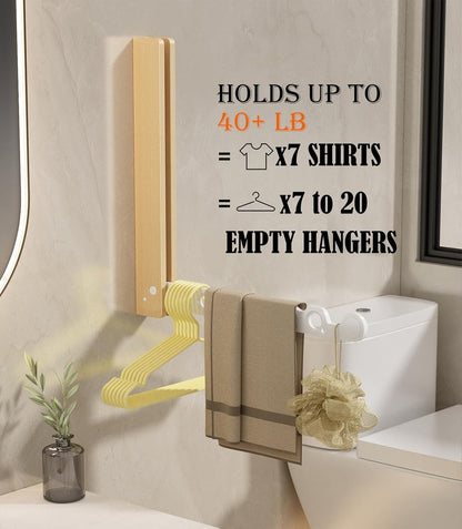 Natural Wood Folding Clothes Hanger Rack for Laundry Room, Wall Mounted Clothes Drying Rack, Laundry Drying Rack Foldable, Perfect for Small Spaces, Walnut Wood Black