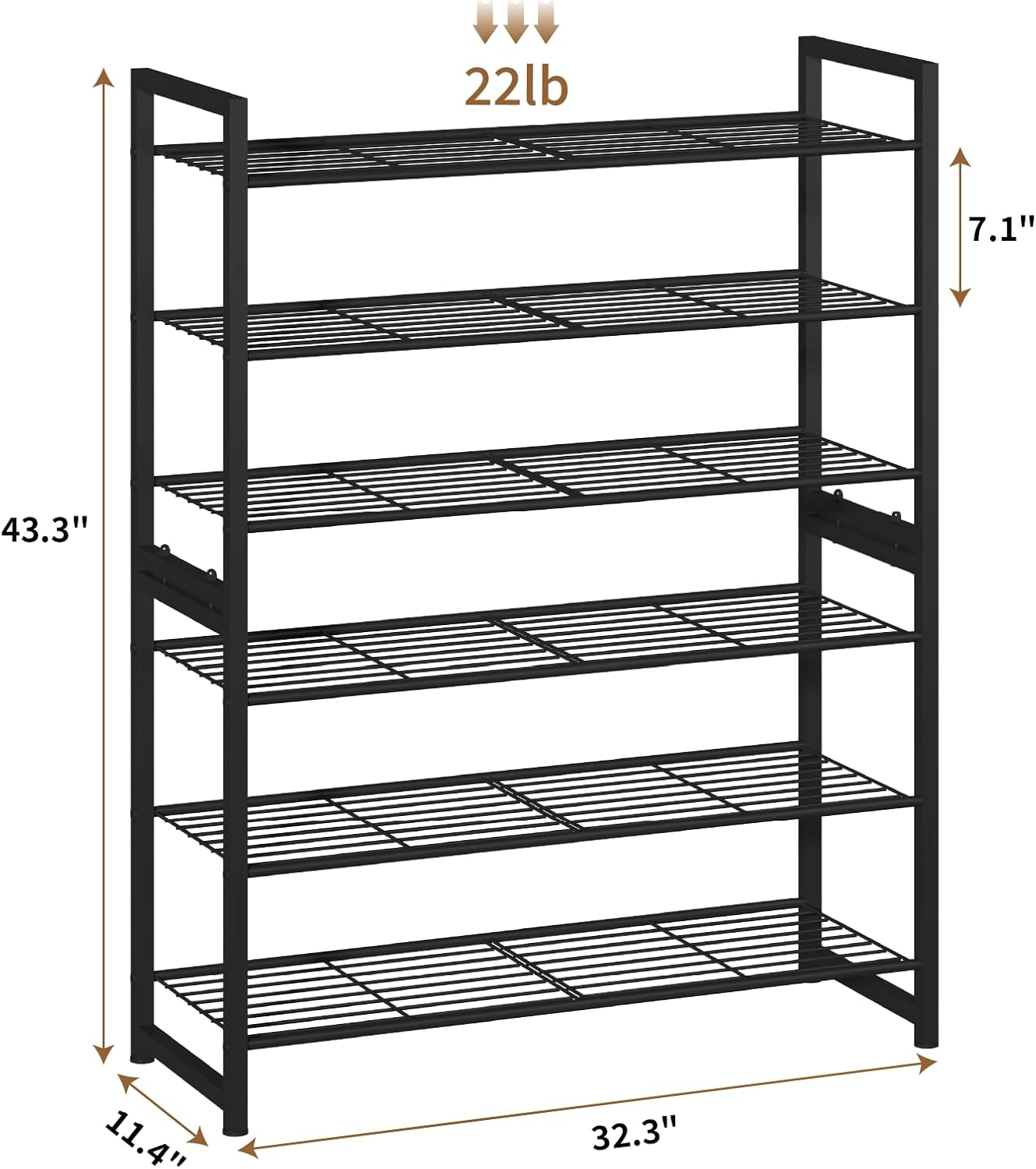 Stackable Shoe Rack, 6 Tier Metal Shoes Rack Storage Organizer,Large Capacity Shoe Shelf Max Holds 30 Pairs of Shoes,Sturdy and Stable, for Closet, Entryway,Garage，Black